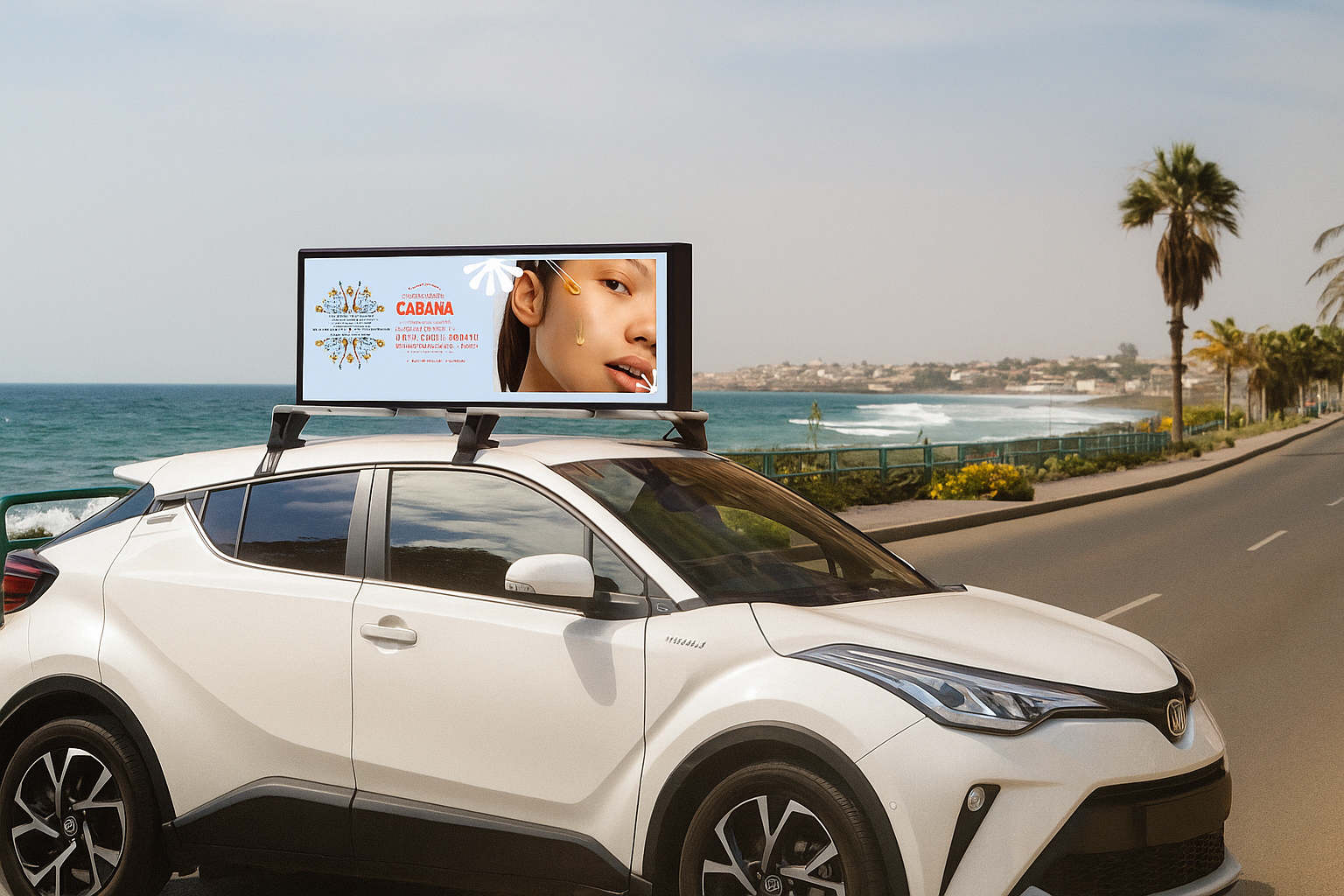 Écran LED BYNE Media sur taxi à Dakar